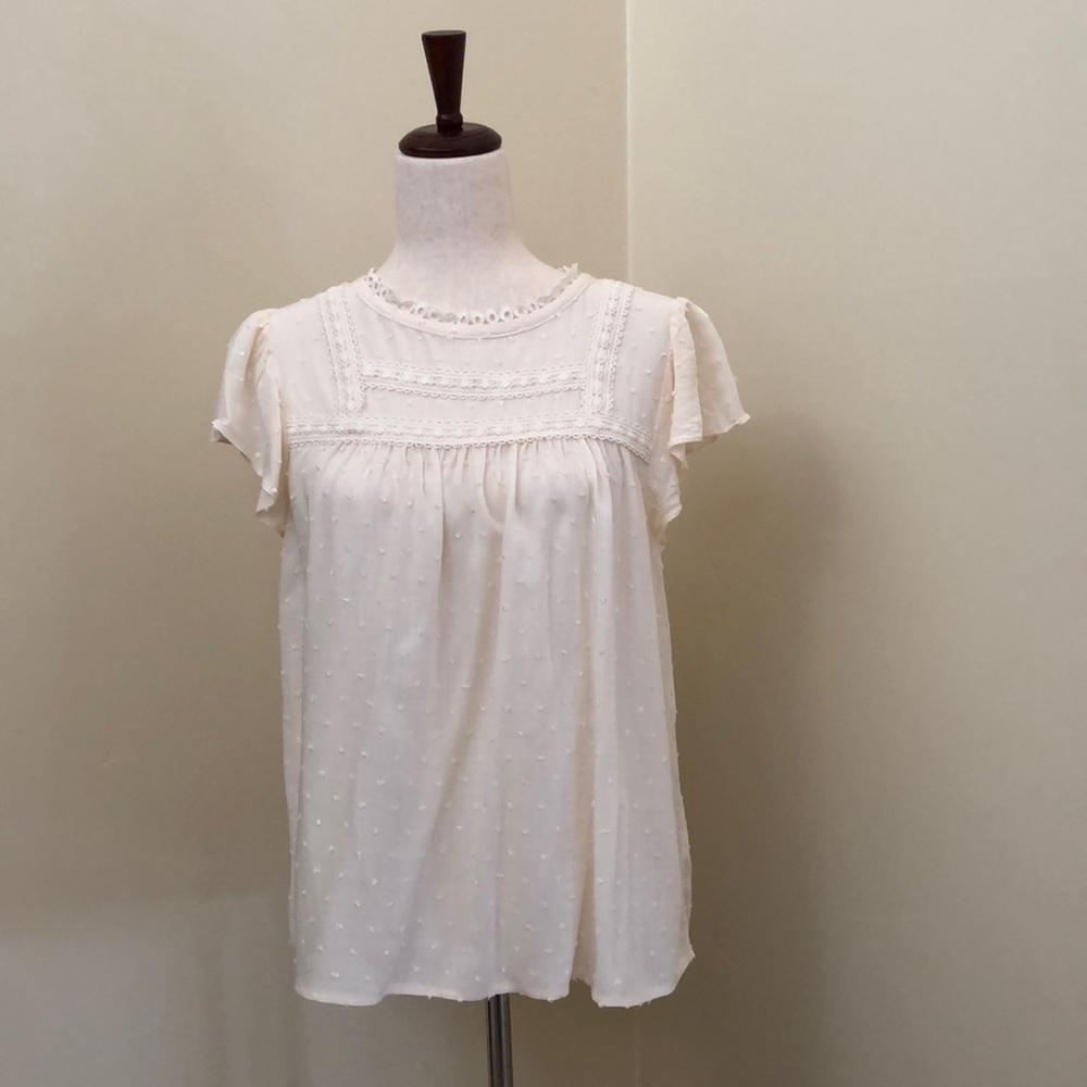 Mine. Swiss Dot Ruffle Sleeve Blouse. Cream. Large